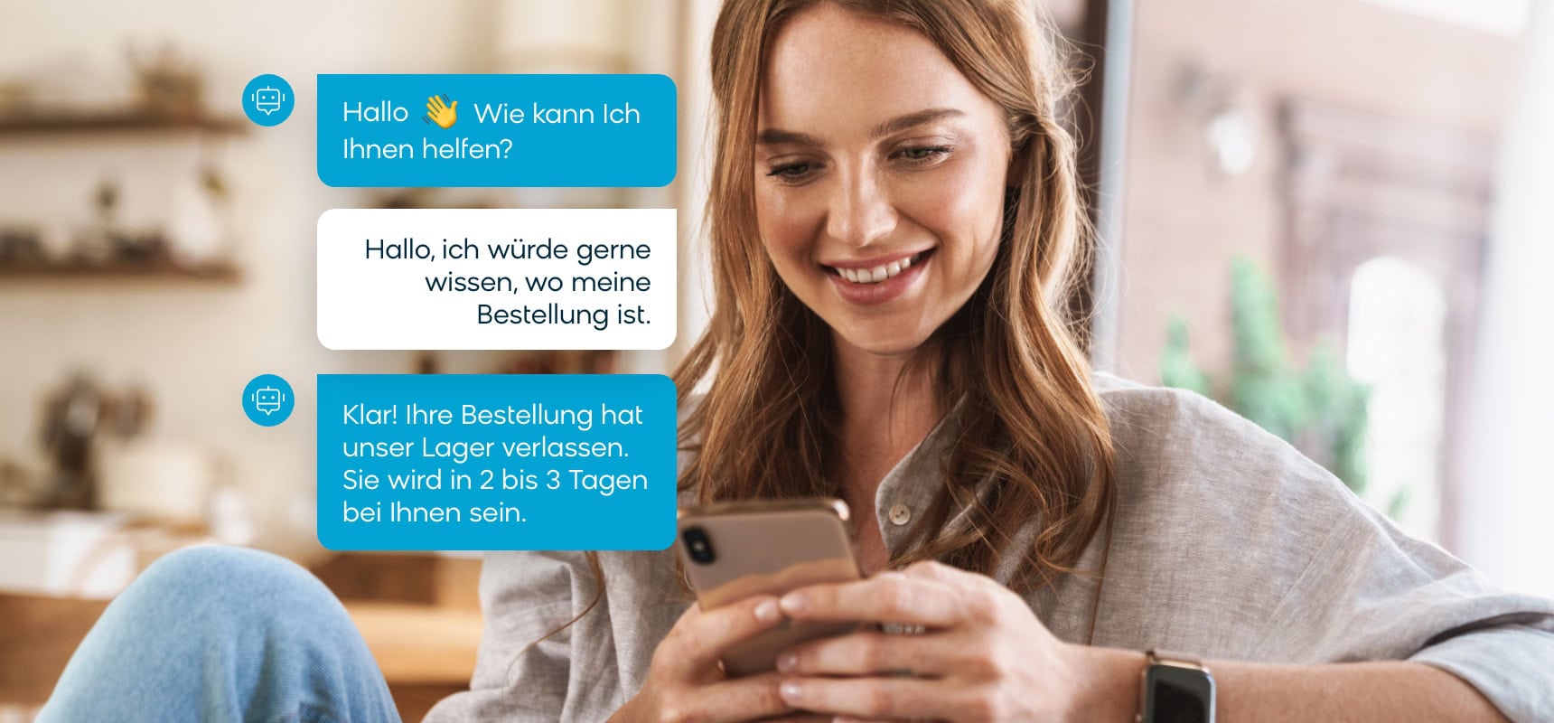 Woman interacting with a conversational AI chatbot