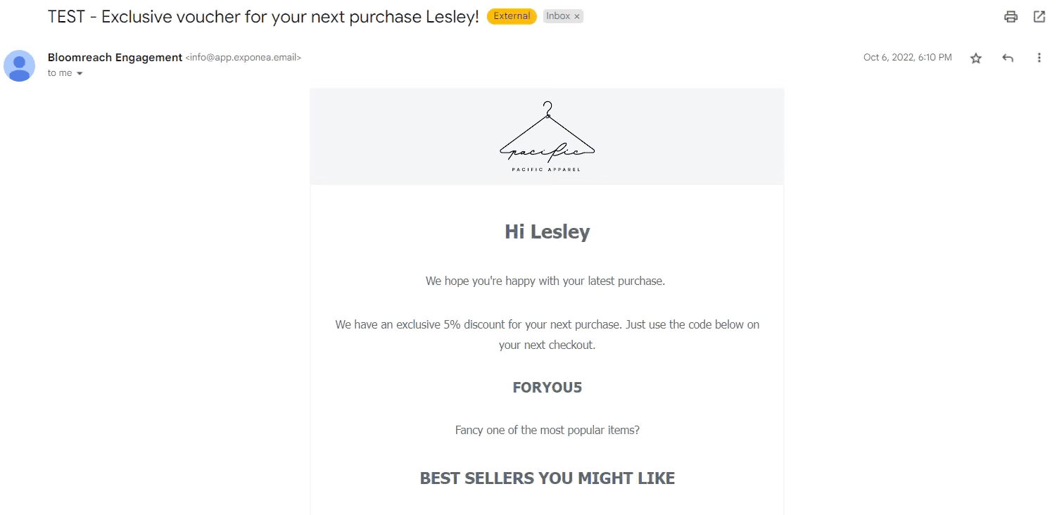 Plug and Play Post-Purchase Email With Recommendations example