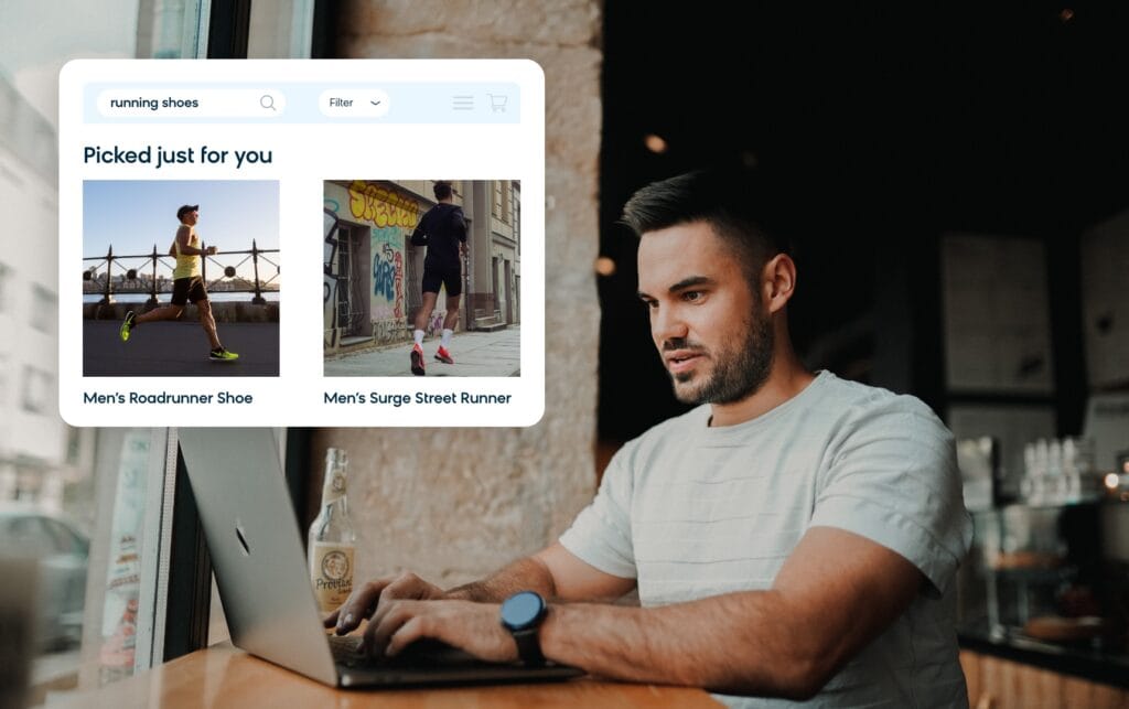 Customer getting personalized recommendations from an ecommerce search engine