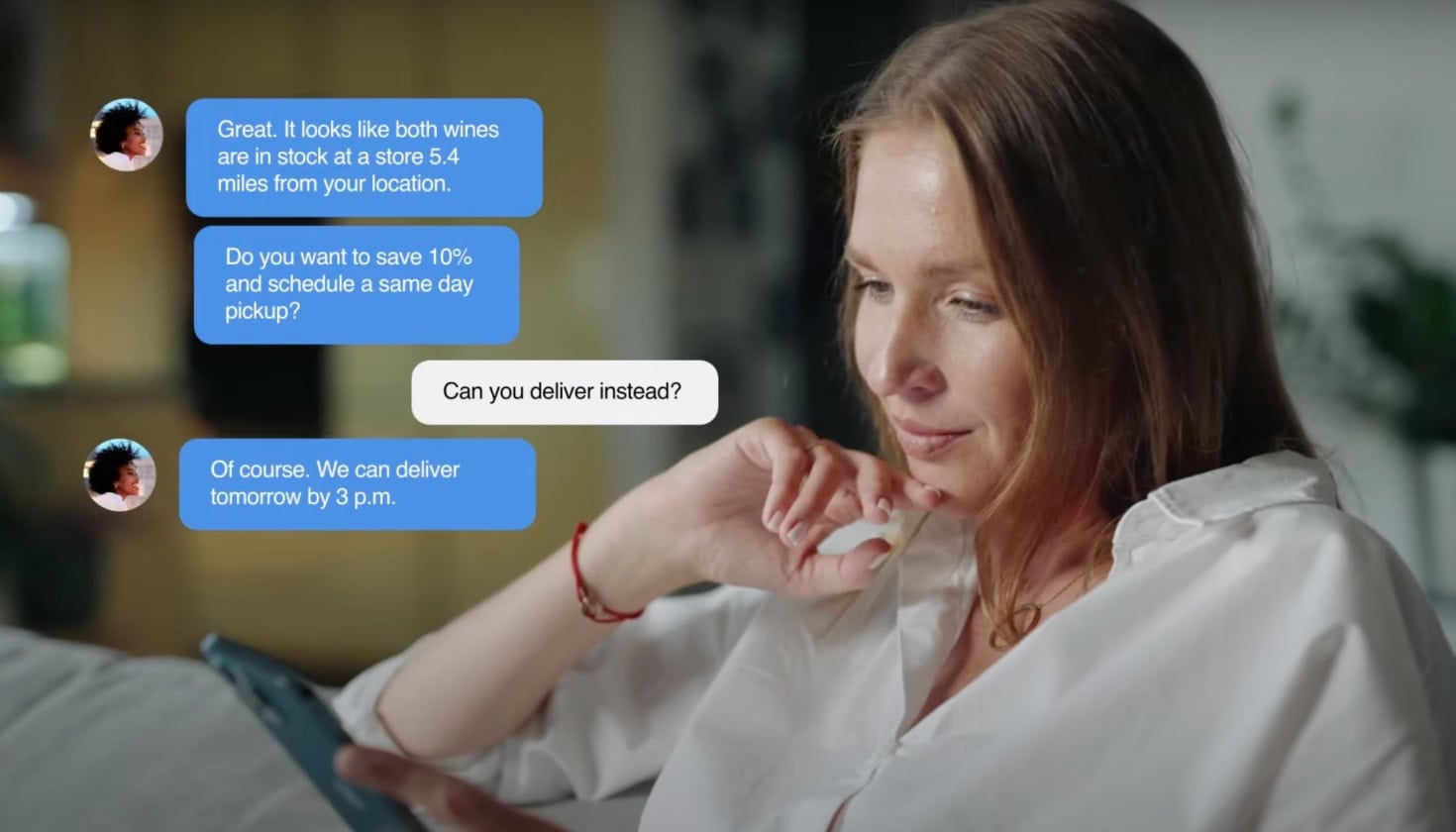 Woman Using Conversational Commerce To Shop for a Bottle of Wine