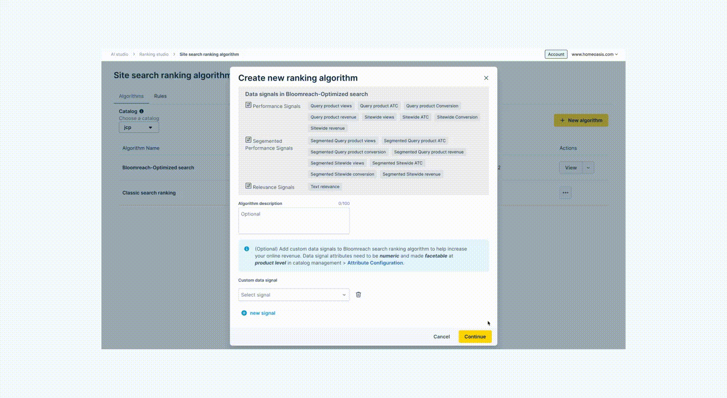 Using Bloomreach's AI Studio to adjust ranking algorithm signal weights