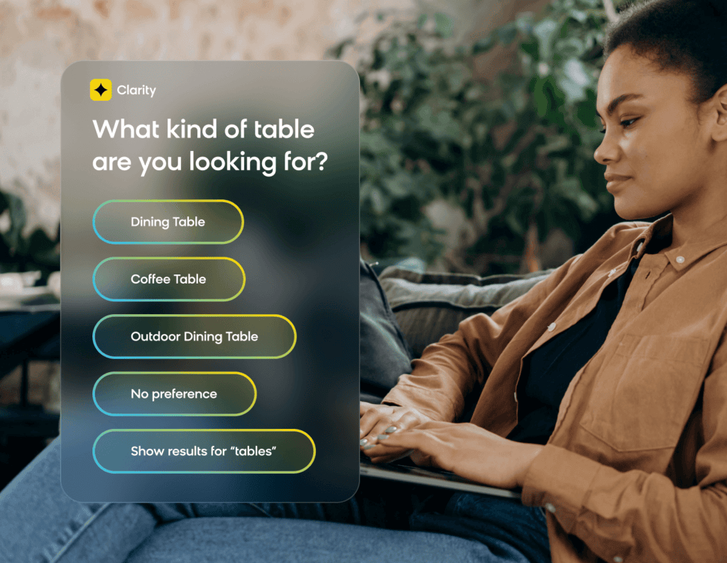 Conversational shopping agent Bloomreach Clarity asking follow-up questions on a search query