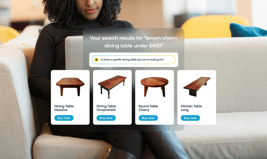 Bloomreach Clarity having a conversation with a shopper asking for more details on a search query for a brown cherry dining table